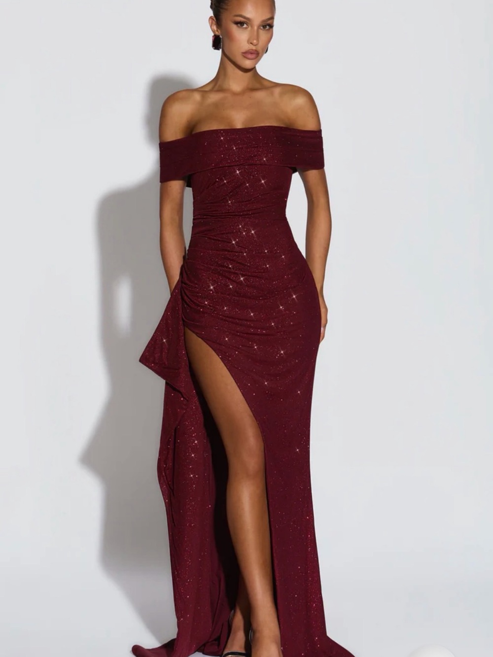 BABYBOO Joyce Maxi Dress Wine Sparkle XL Burgundy Glitter Formal Gown Slit